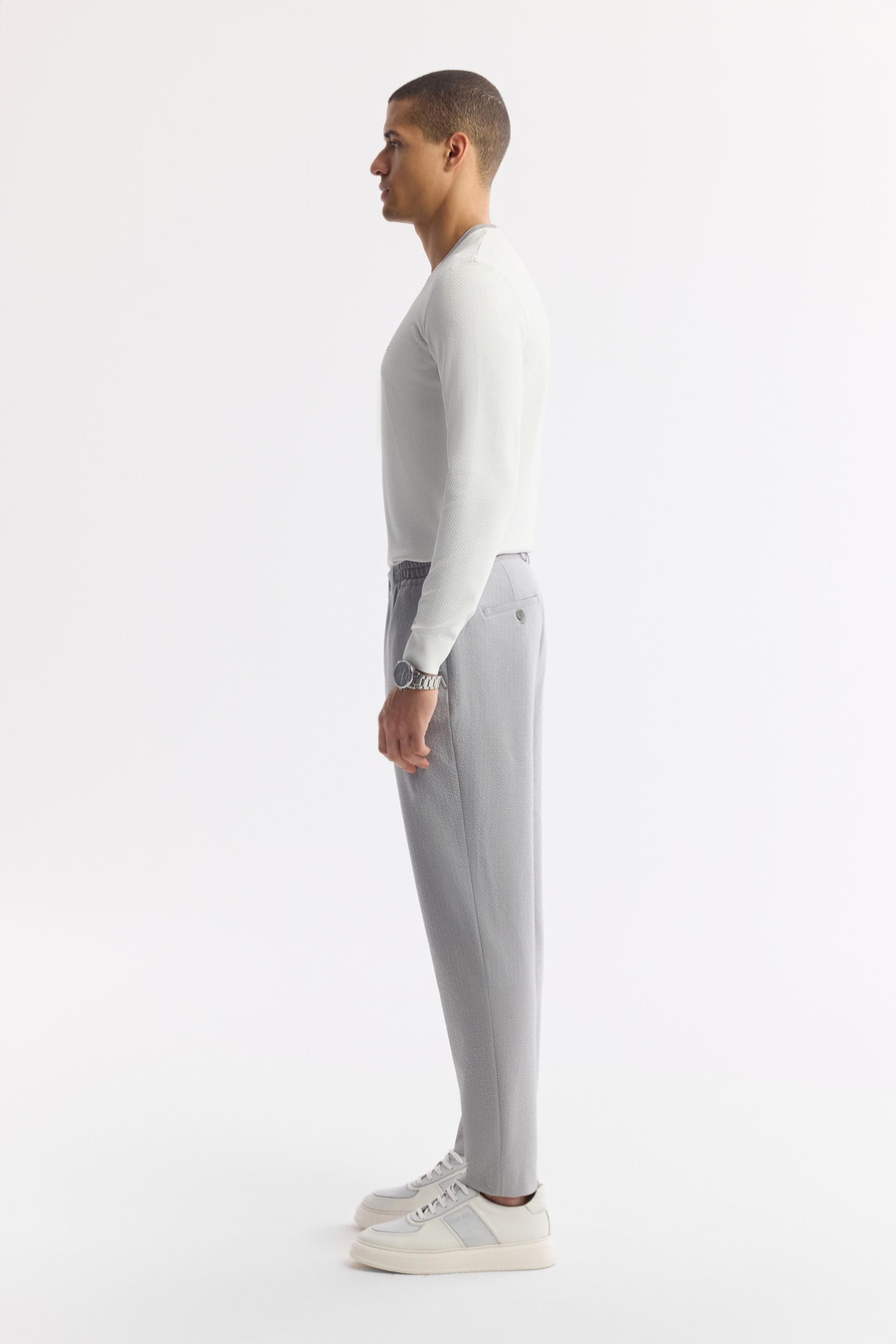 Gri Yan Cepli Beli Lastikli Çizgi Detaylı Dokulu Pantolon