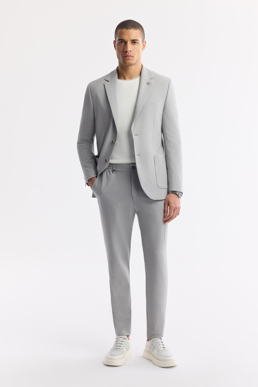 Gri Yan Cepli Beli Lastikli Çizgi Detaylı Dokulu Pantolon