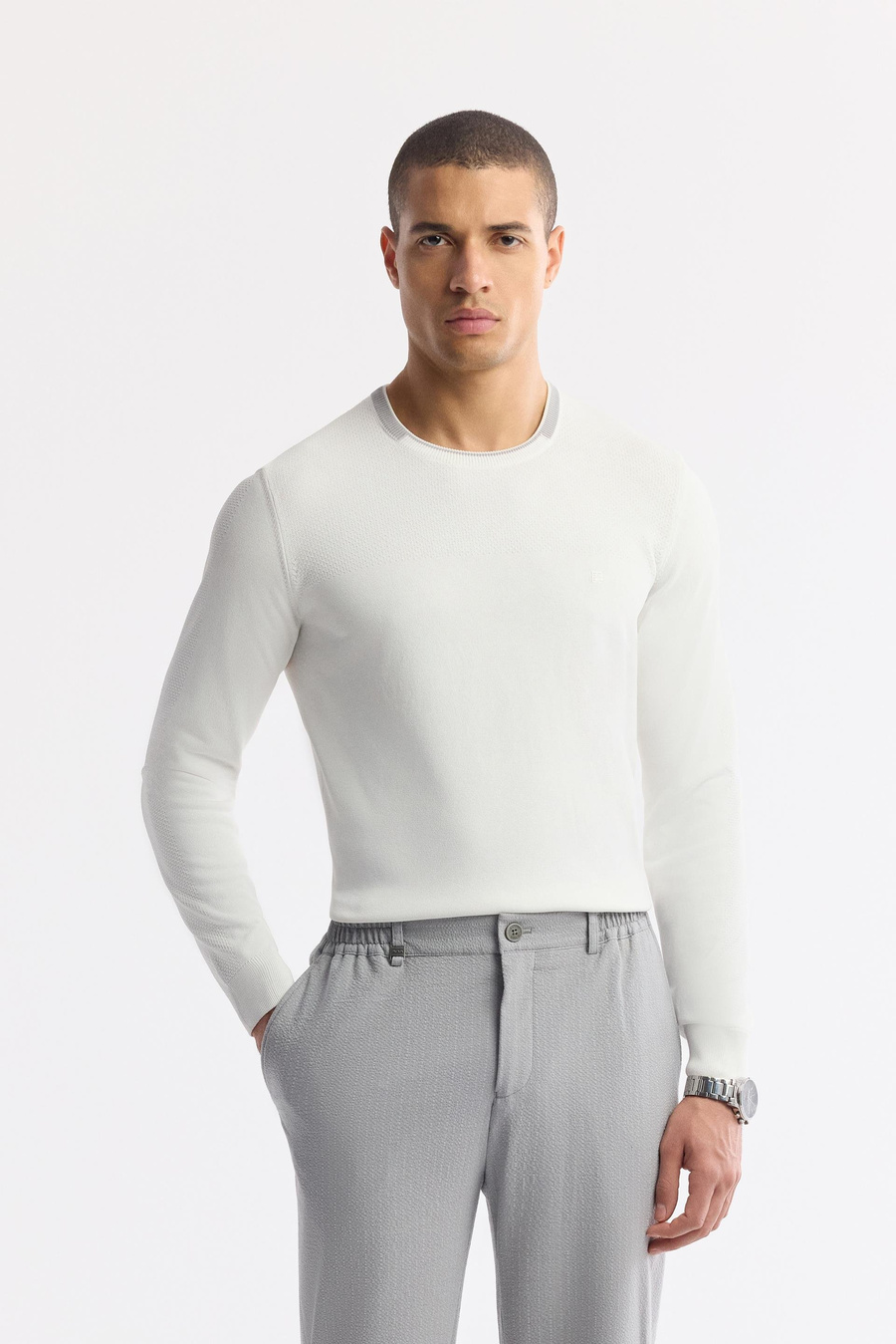 Gri Yan Cepli Beli Lastikli Çizgi Detaylı Dokulu Pantolon