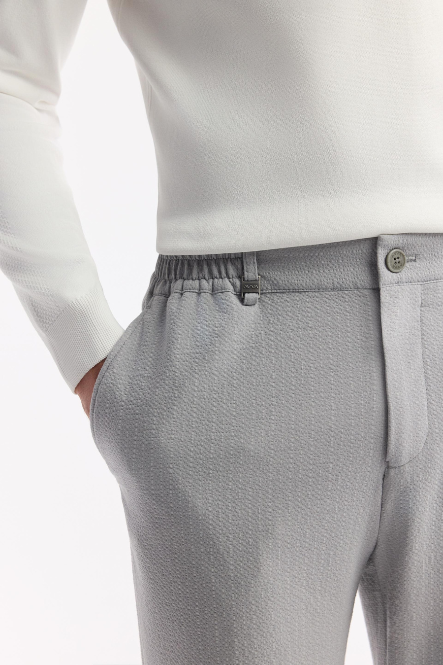 Gri Yan Cepli Beli Lastikli Çizgi Detaylı Dokulu Pantolon