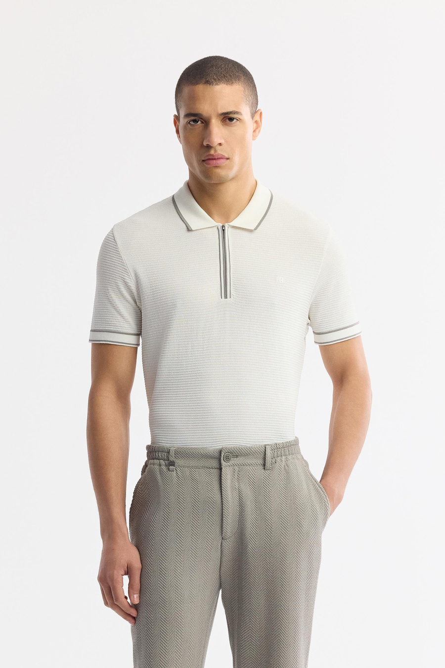 Gri Yan Cepli Gofre Detaylı Bi Stretch Beli Lastikli Pantolon