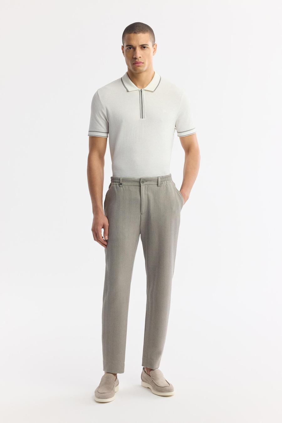 Gri Yan Cepli Gofre Detaylı Bi Stretch Beli Lastikli Pantolon