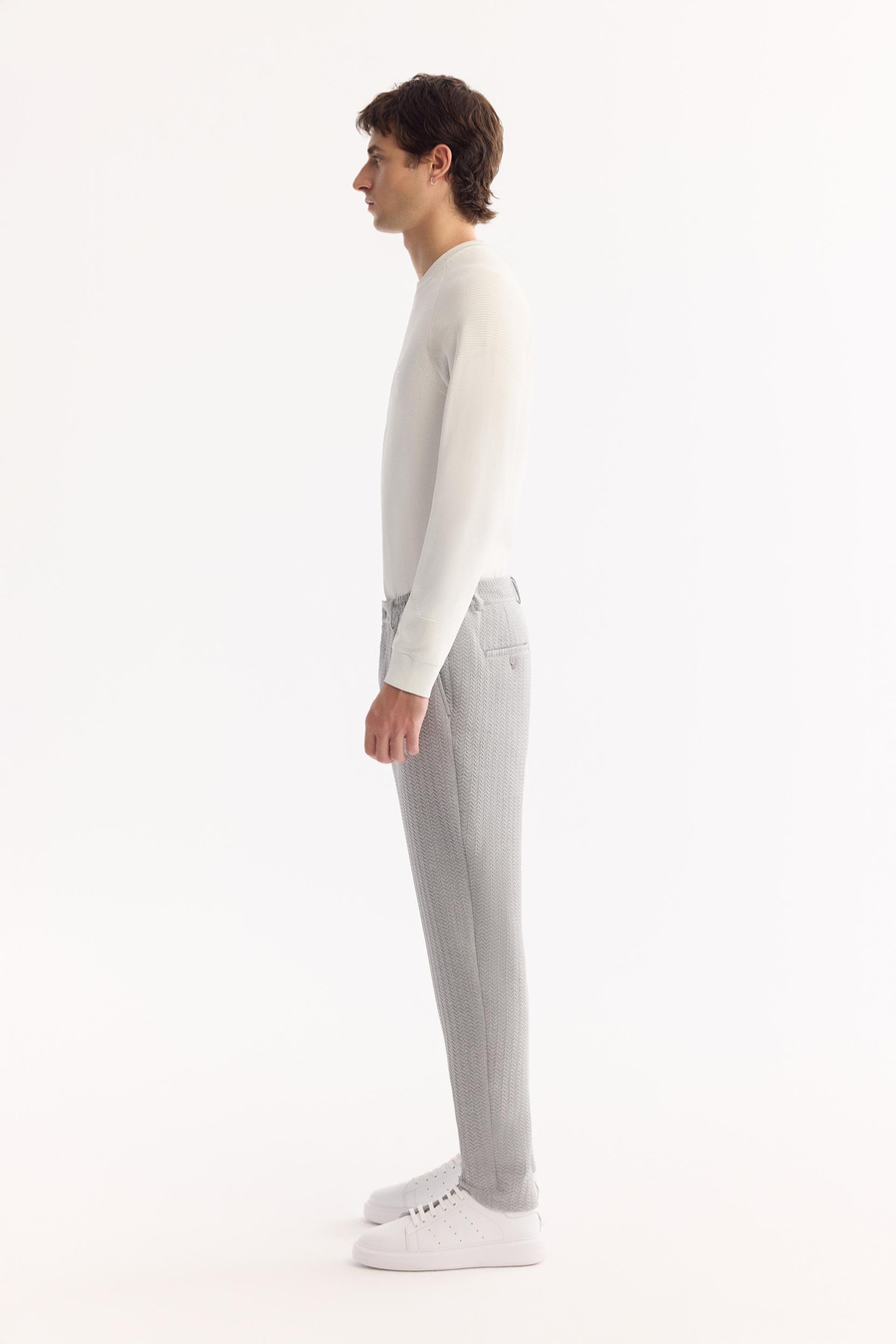 Gri Yandan Cepli Gofre Desenli Dokulu Takım Pantolon