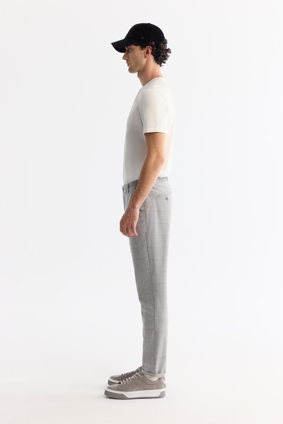 Gri Yanları Lastikli Ekose Duble Paça Slim Fit Jogger Pantolon