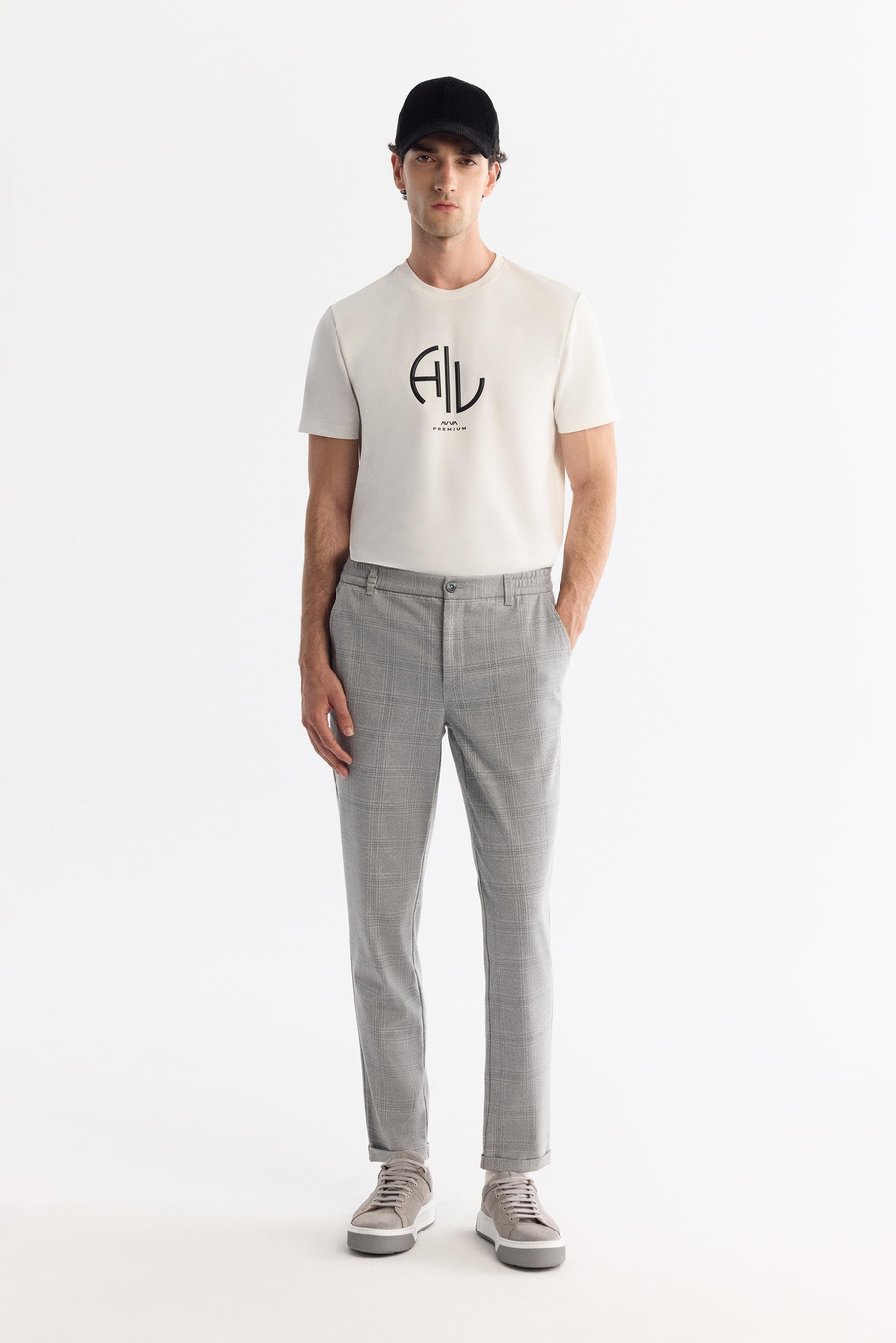 Gri Yanları Lastikli Ekose Duble Paça Elastan Jogger Pantolon