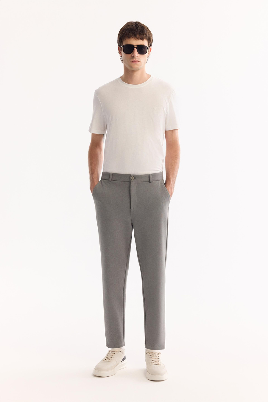 Gri-Yeşil Diyagonal Desenli Carrot Fit Örme Pantolon