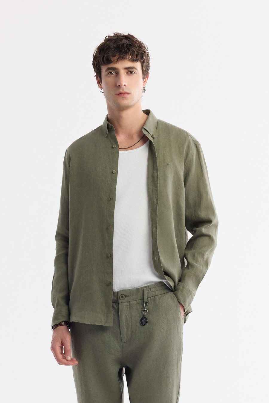 Khaki Linen Drawstring Trousers