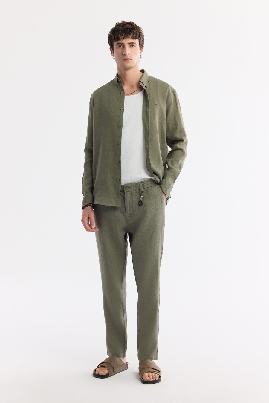 Khaki Linen Drawstring Trousers
