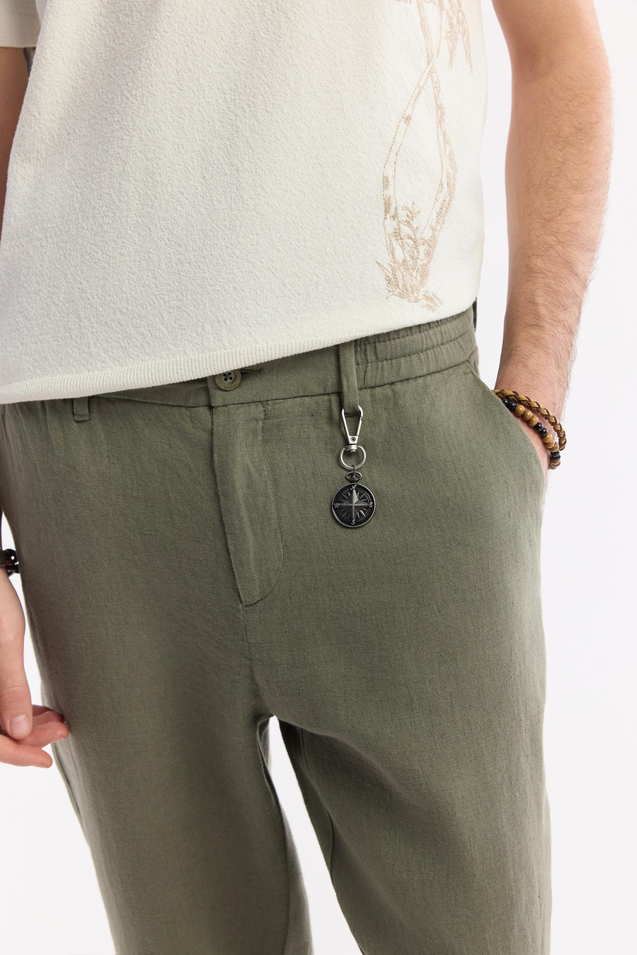 Khaki Linen Drawstring Trousers