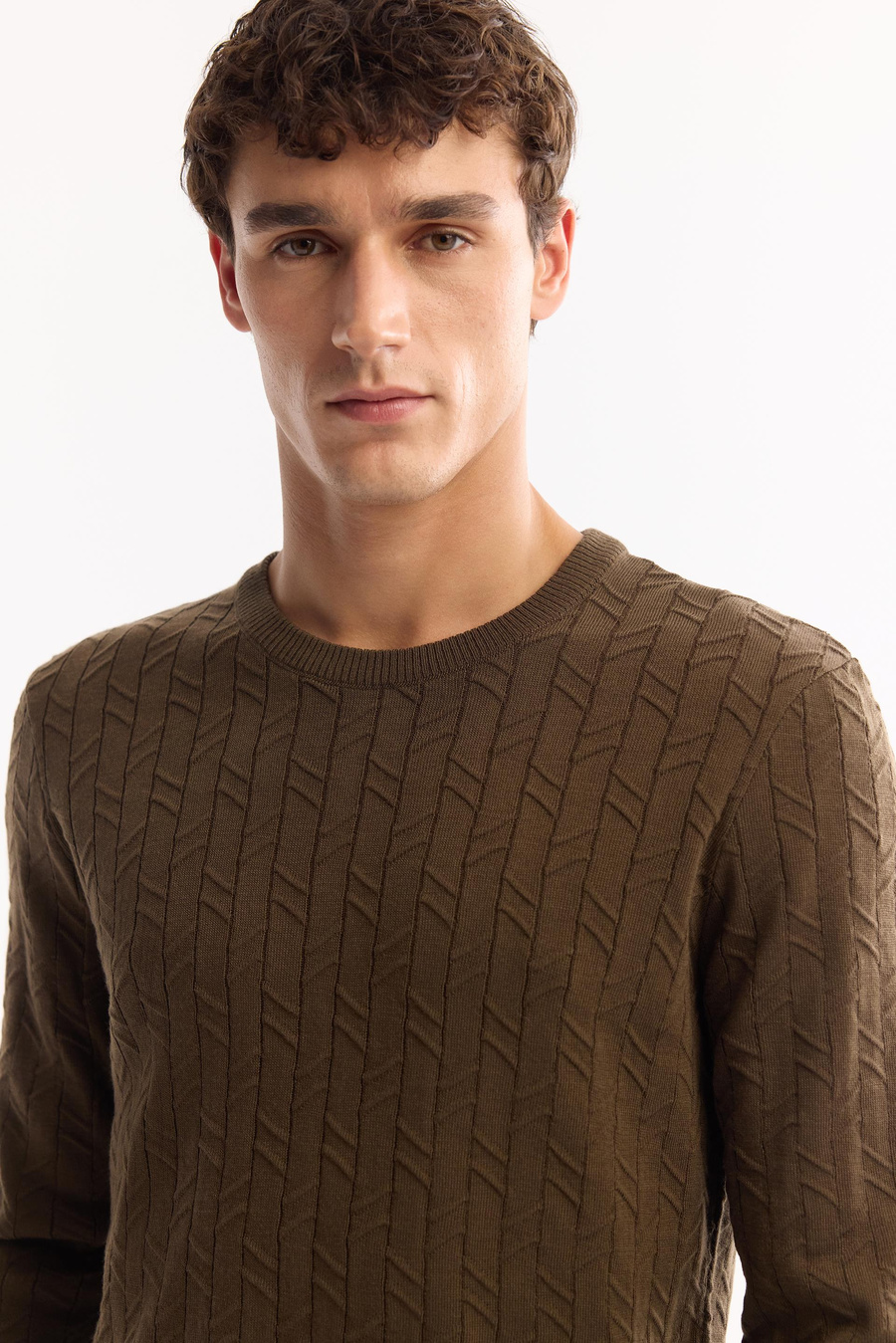 Haki Bisiklet Yaka Jakarlı Kazak