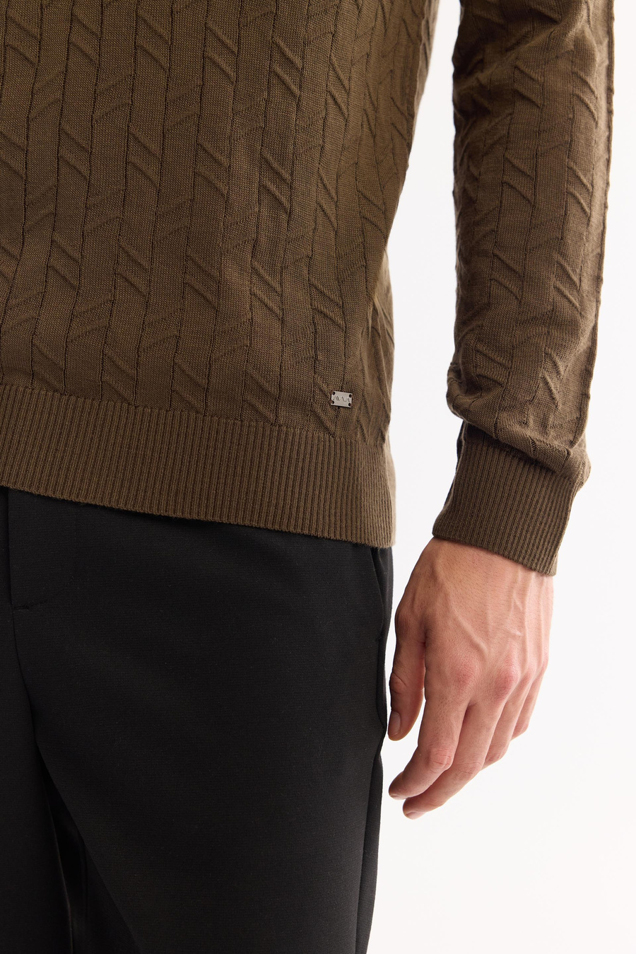 Haki Bisiklet Yaka Jakarlı Kazak