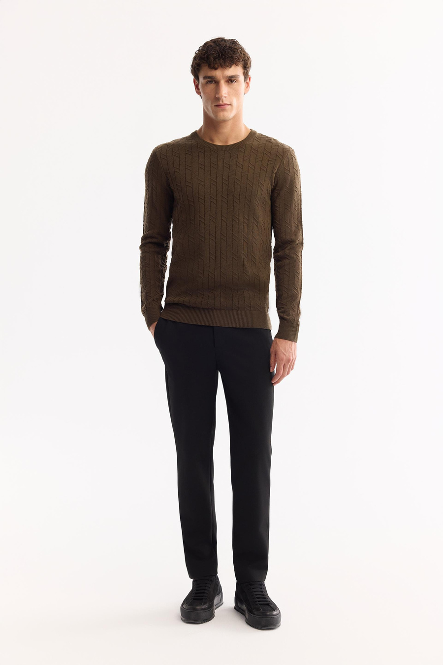 Haki Bisiklet Yaka Jakarlı Kazak