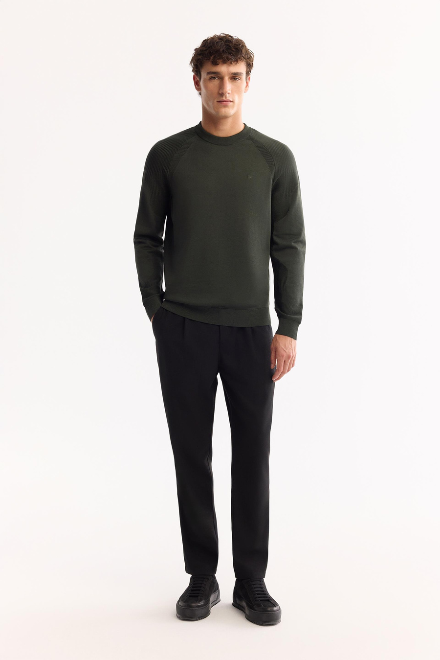 Haki Bisiklet Yaka Kolları Fitil Örgü Detaylı Kazak