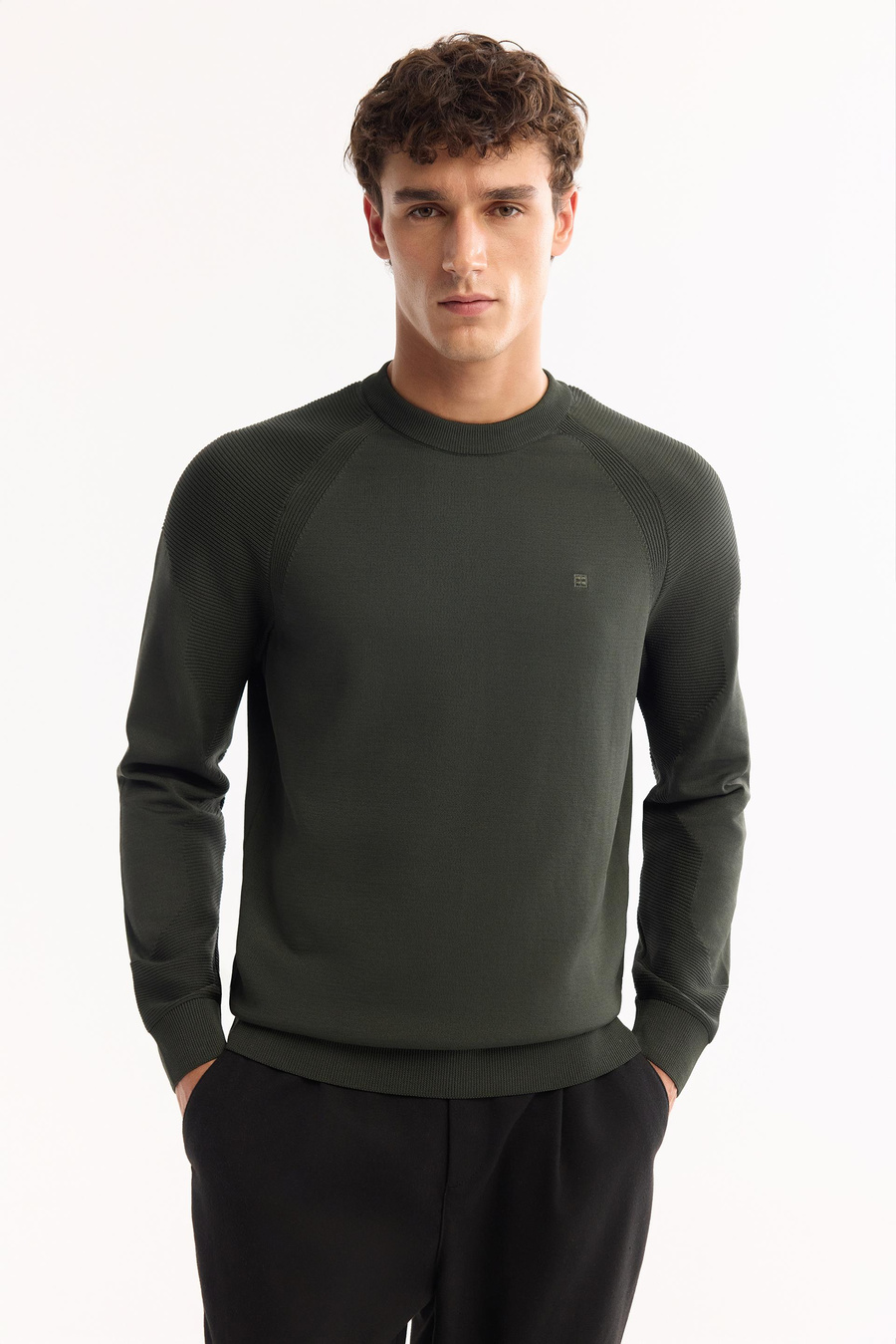 Haki Bisiklet Yaka Kolları Fitil Örgü Detaylı Kazak