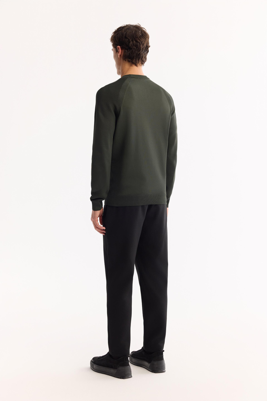 Haki Bisiklet Yaka Kolları Fitil Örgü Detaylı Kazak