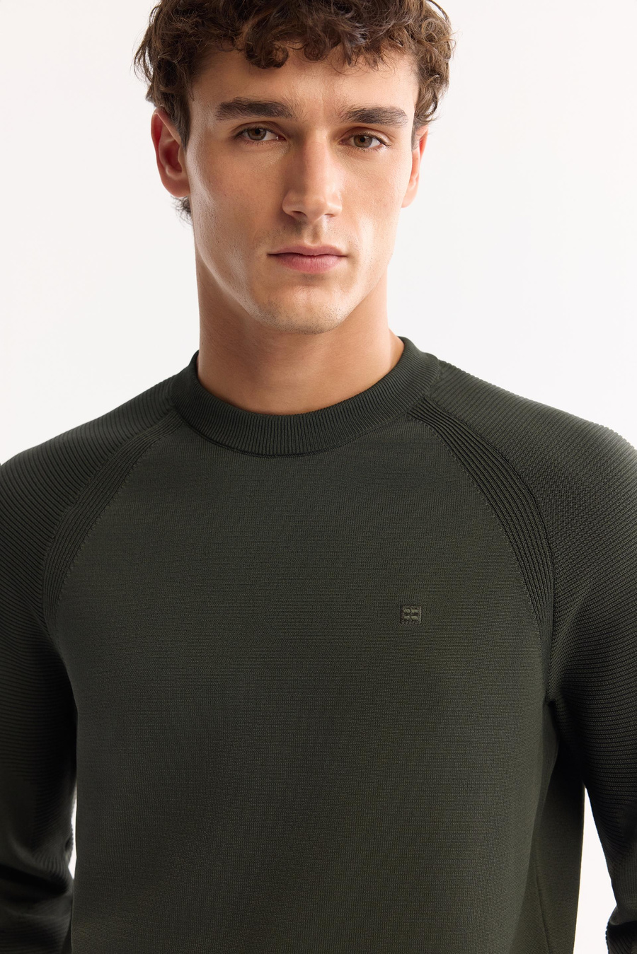 Haki Bisiklet Yaka Kolları Fitil Örgü Detaylı Kazak