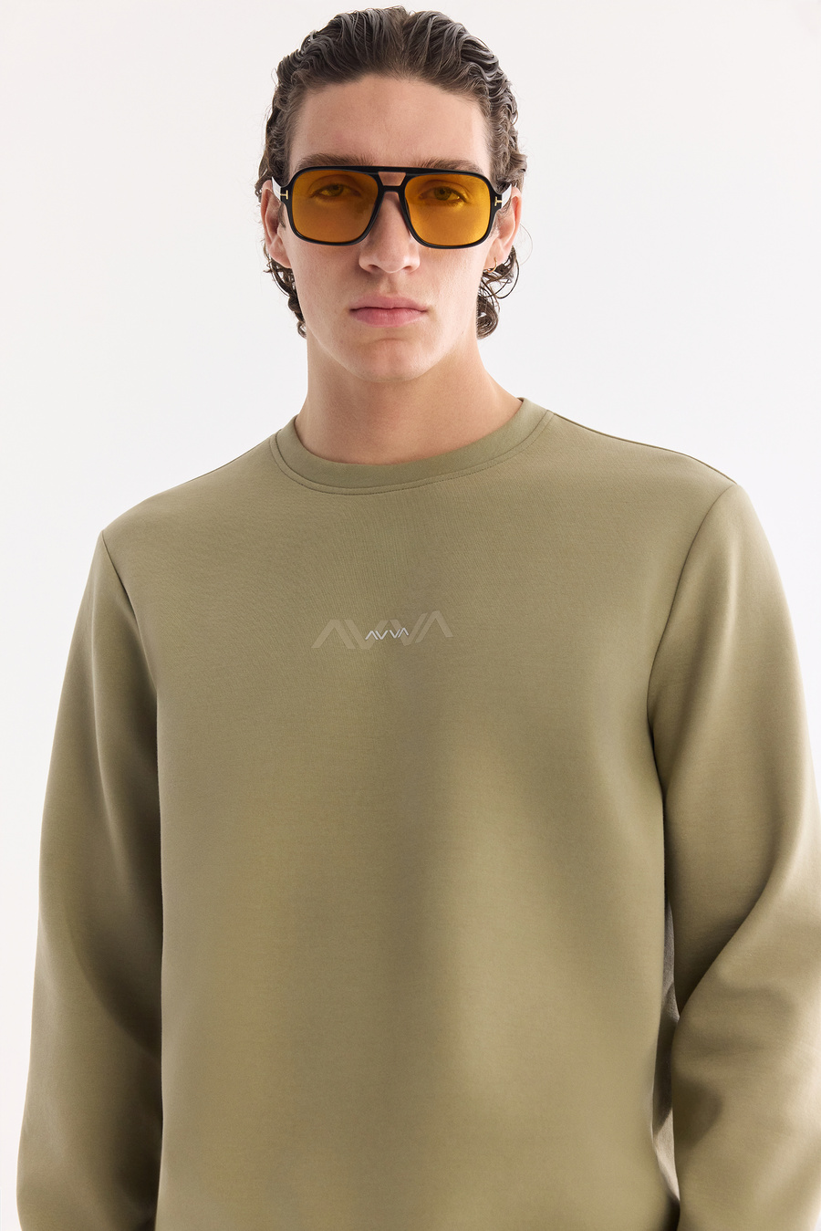 Haki Bisiklet Yaka Pamuklu Kolay Ütülenen Sweatshirt