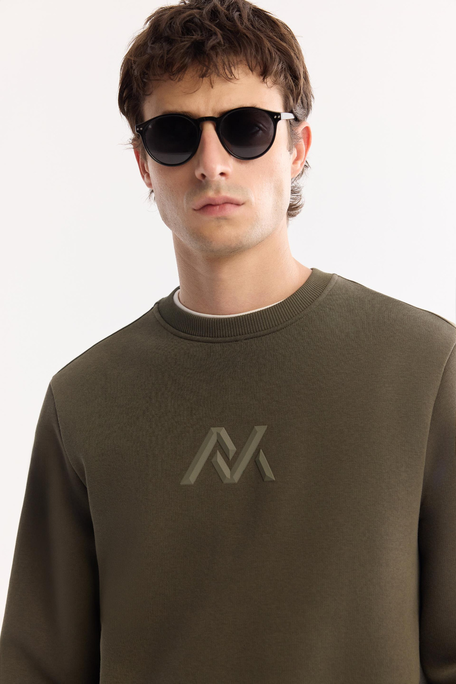 Haki Bisiklet Yaka Piramit Baskılı 3 İplik Şardonlu Sweatshirt