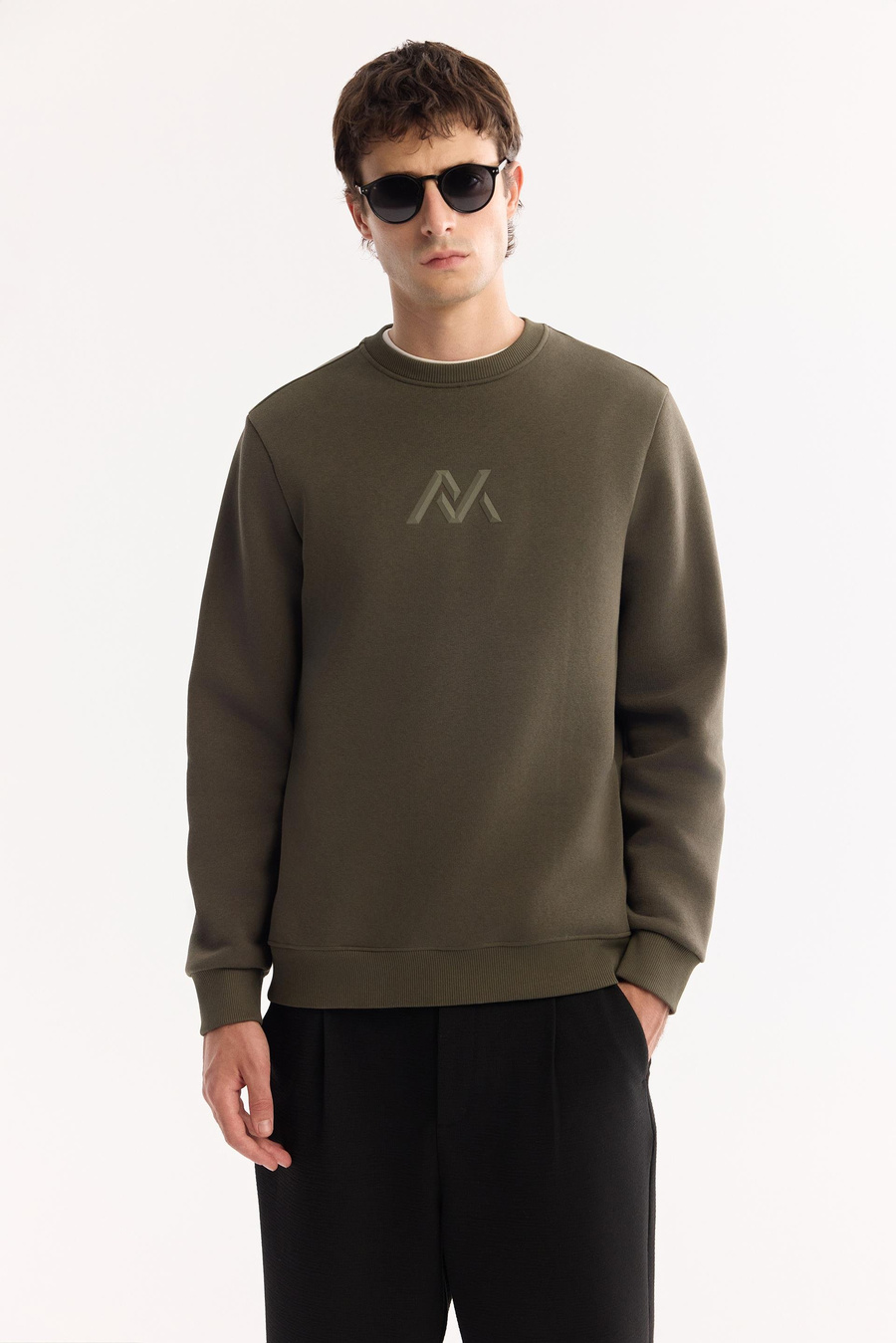 Haki Bisiklet Yaka Piramit Baskılı 3 İplik Şardonlu Sweatshirt