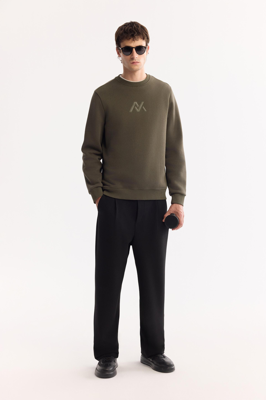 Haki Bisiklet Yaka Piramit Baskılı 3 İplik Şardonlu Sweatshirt