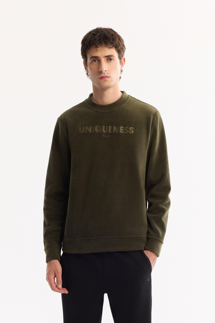 Haki Bisiklet Yaka Slogan  Baskılı Polar Sweatshirt