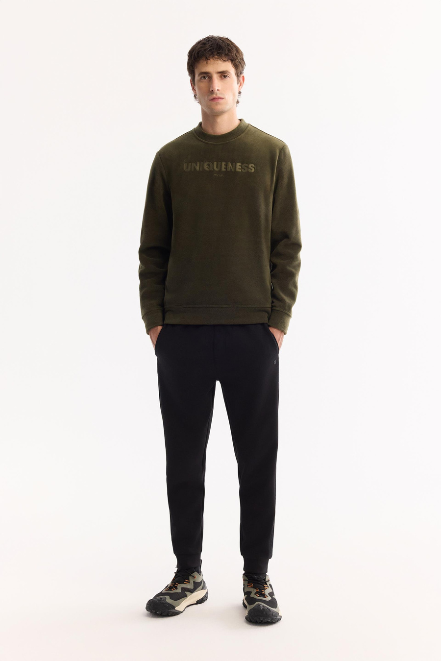 Haki Bisiklet Yaka Slogan  Baskılı Polar Sweatshirt