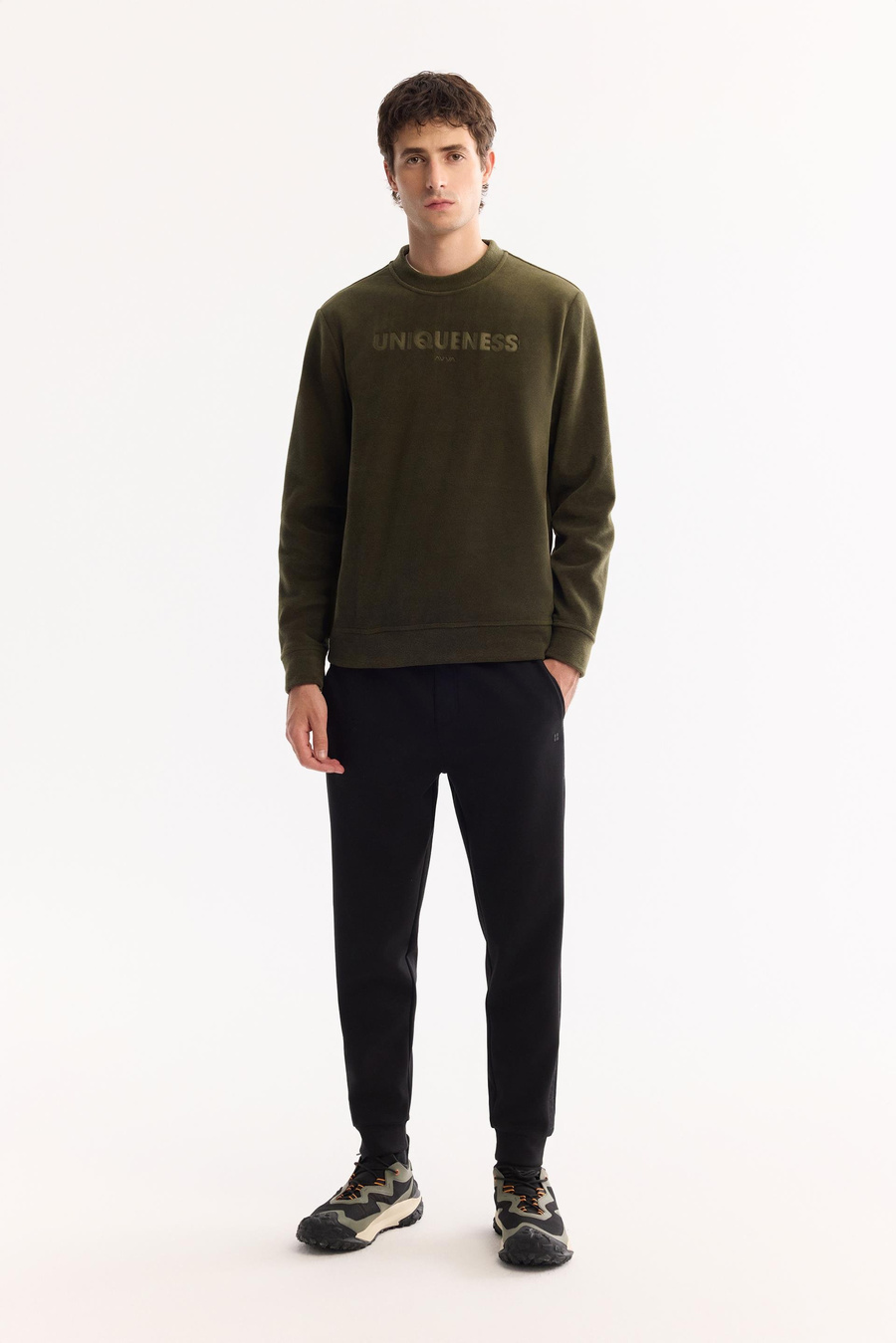 Haki Bisiklet Yaka Slogan  Baskılı Polar Sweatshirt