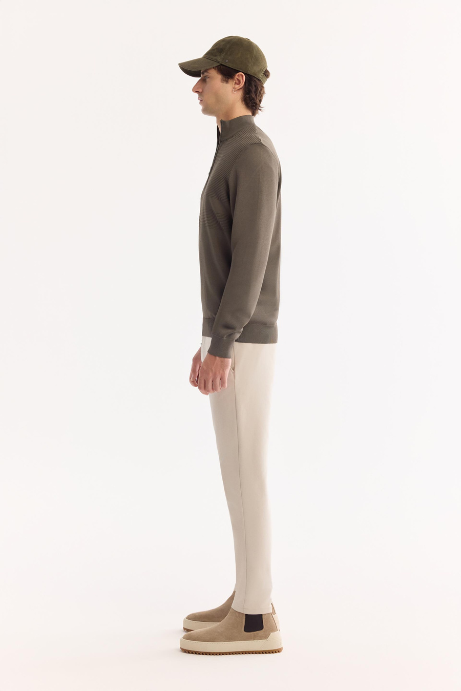 Haki Dik Yaka Fermuarlı Bekletme Detaylı Rayon Kazak