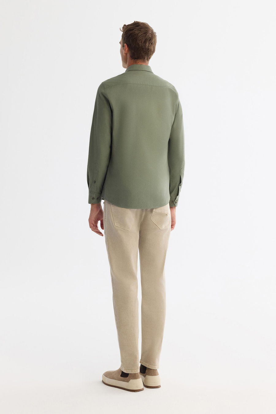 Haki Düğmeli Yaka Diagonel Regular Fit Gömlek