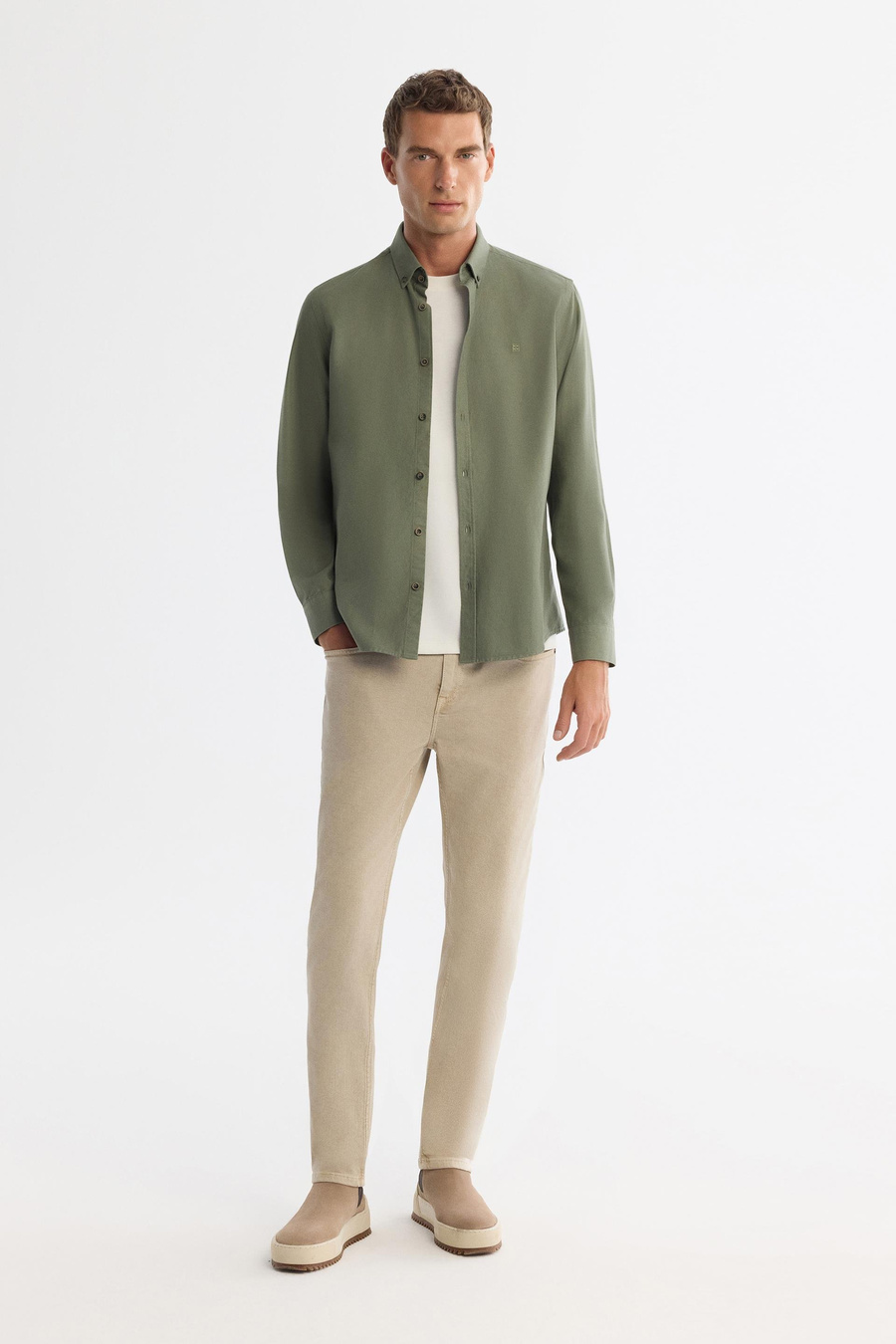 Haki Düğmeli Yaka Diagonel Regular Fit Gömlek