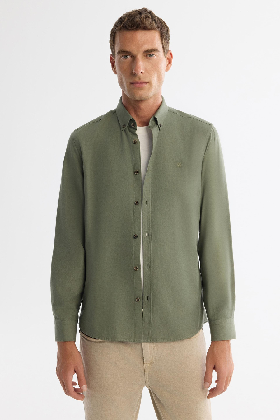 Haki Düğmeli Yaka Diagonel Regular Fit Gömlek