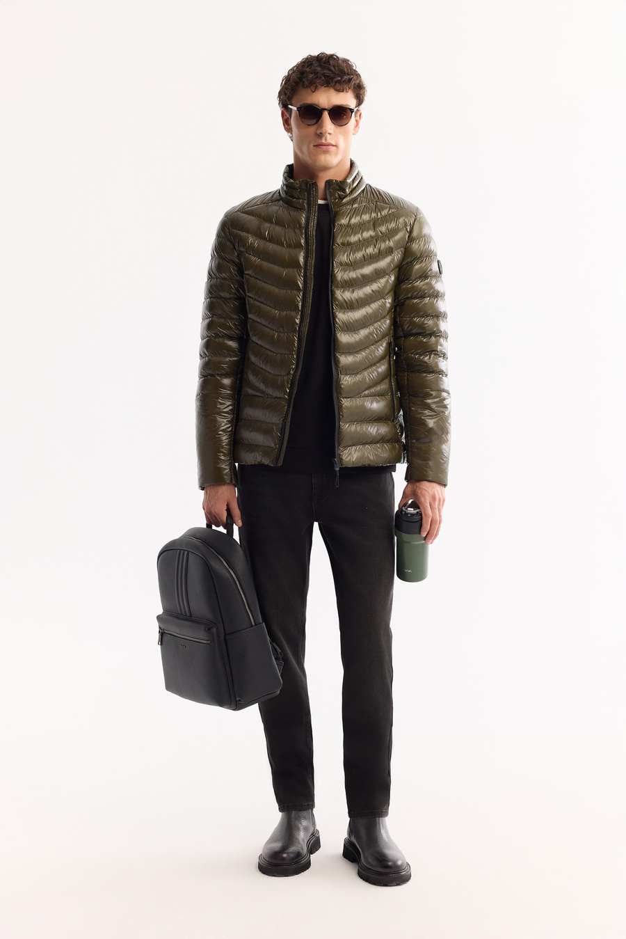 Haki Kaz Tüyü Su İtici Rüzgar Geçirmez Kumaşlı Dik Yaka Parlak Şişme Mont