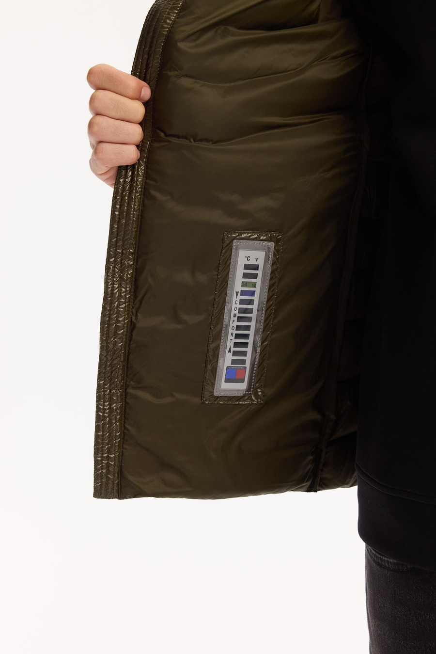 Haki Kaz Tüyü Su İtici Rüzgar Geçirmez Kumaşlı Dik Yaka Parlak Şişme Mont