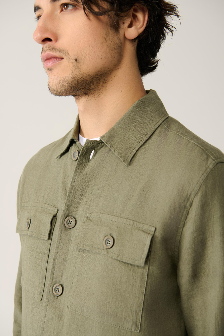 Haki Klasik Yaka %100 Keten Comfort Fit Gömlek Ceket