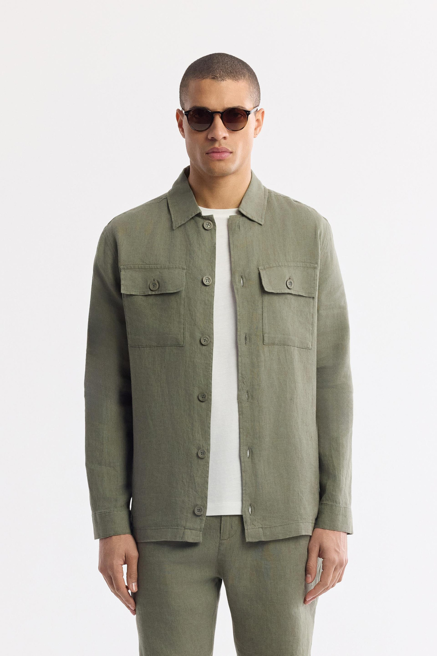 Haki Klasik Yaka %100 Keten Comfort Fit Gömlek Ceket