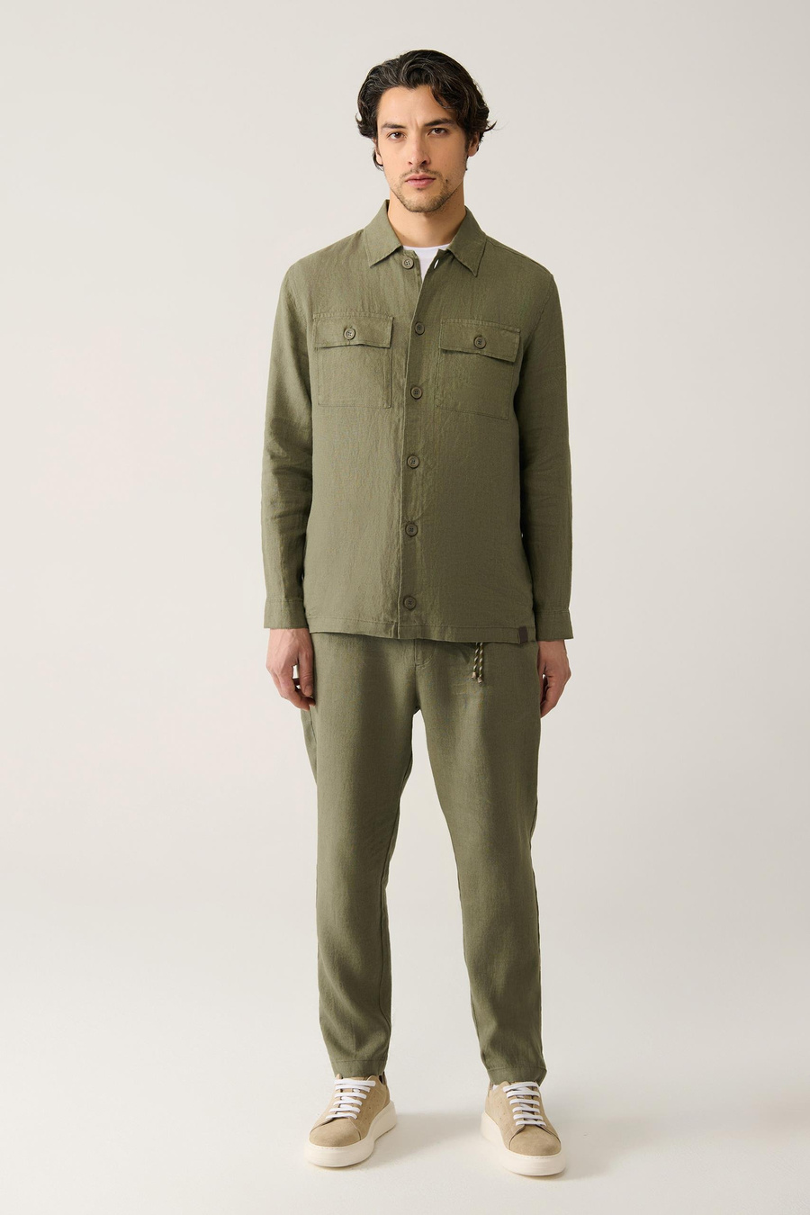 Haki Klasik Yaka %100 Keten Comfort Fit Gömlek Ceket