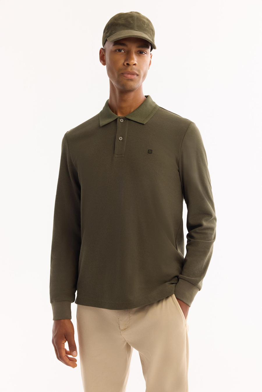 Haki Polo Yaka Düz Uzun Kol T-shirt