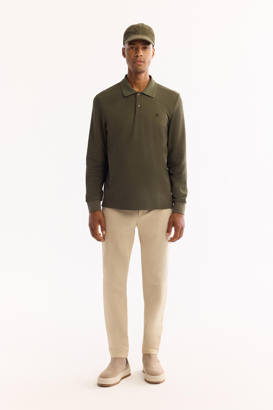 Haki Polo Yaka Düz Uzun Kol T-shirt