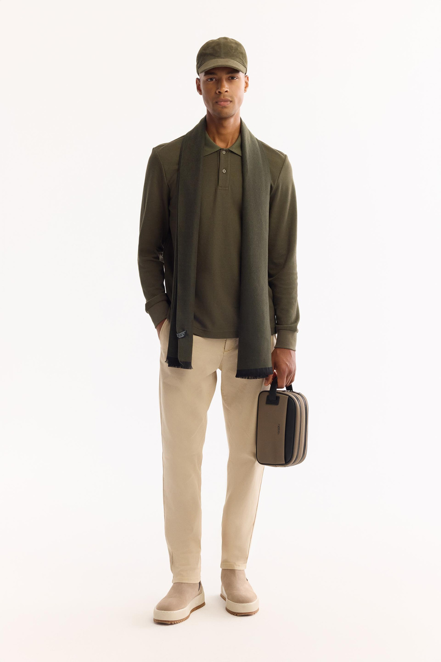 Haki Polo Yaka Düz Uzun Kol T-shirt