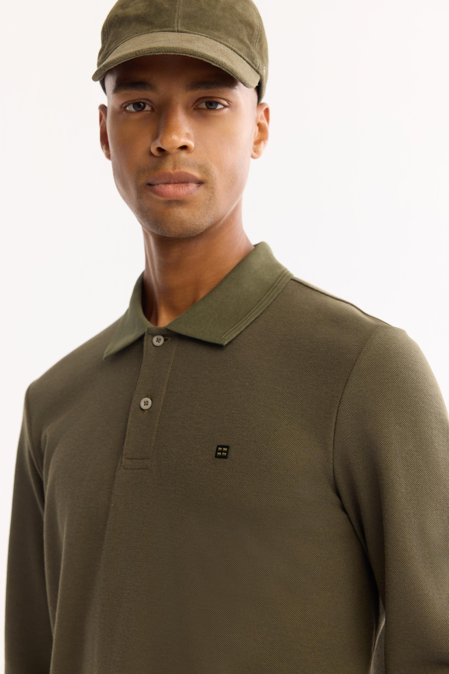 Haki Polo Yaka Düz Uzun Kol T-shirt