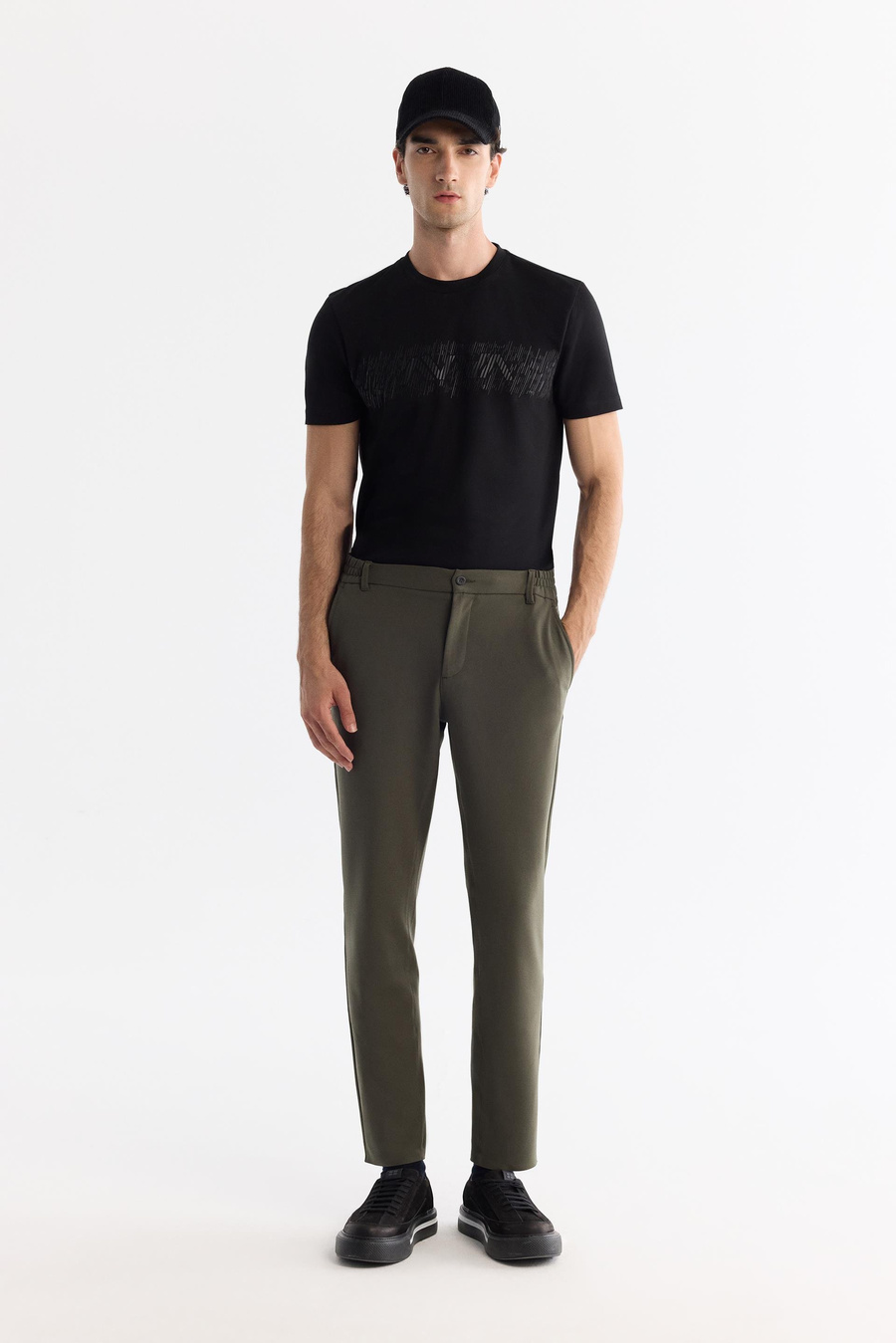 Haki Yanı Lastikli Teknik Slim Fit Pantolon