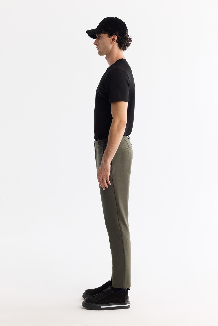 Haki Yanı Lastikli Teknik Slim Fit Pantolon