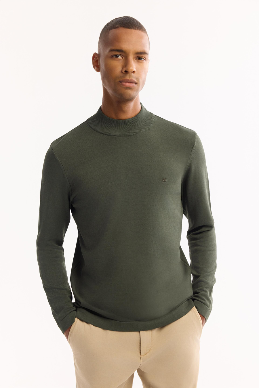 Haki Yarım Balıkçi Yaka Basic Düz Rayon Kazak