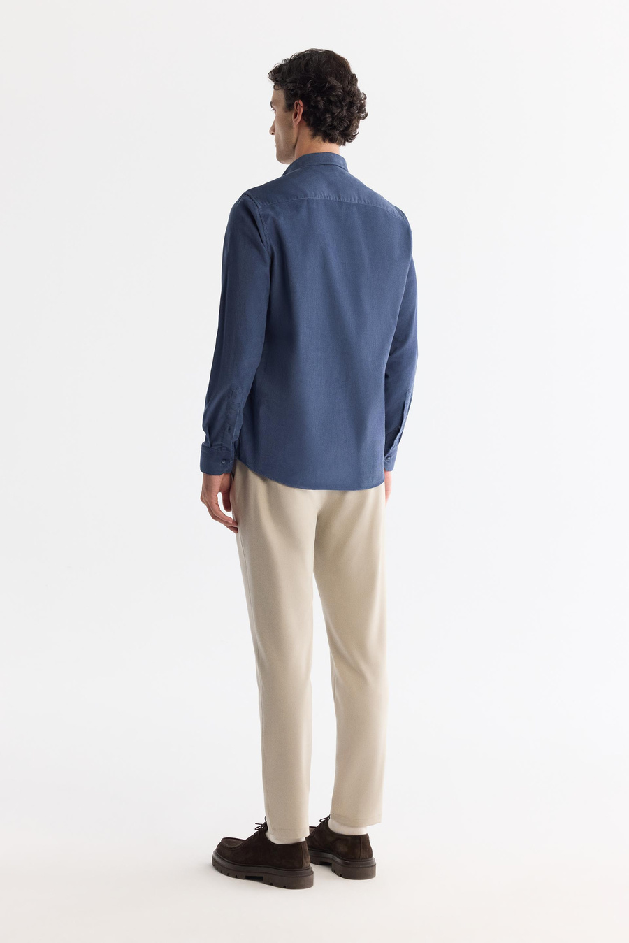 İndigo Düğmeli Yaka Fitilli Kadife Pamuklu Regular Fit Gömlek
