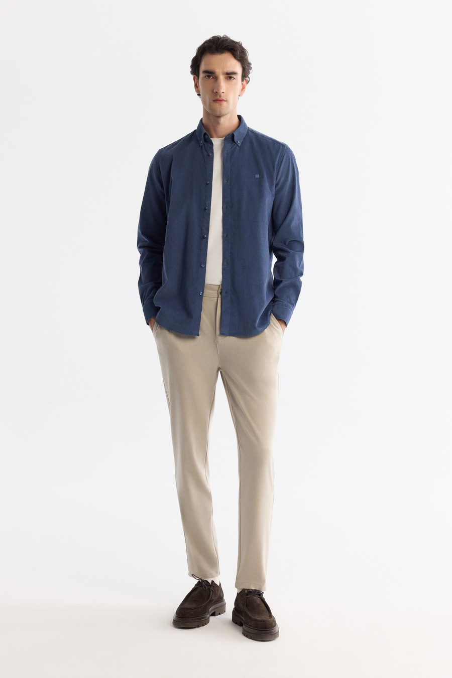 İndigo Düğmeli Yaka Fitilli Kadife Pamuklu Regular Fit Gömlek