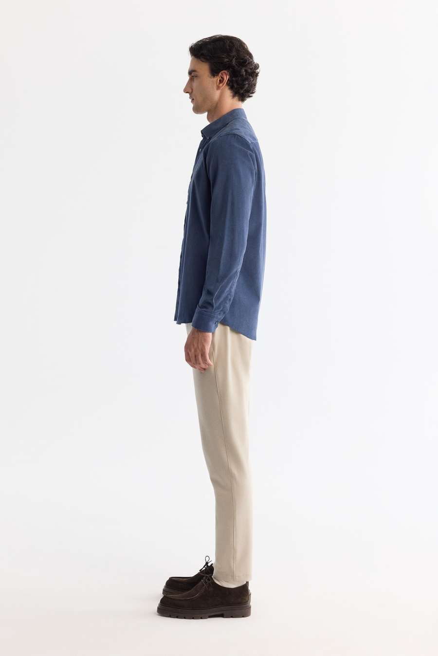 İndigo Düğmeli Yaka Fitilli Kadife Pamuklu Regular Fit Gömlek