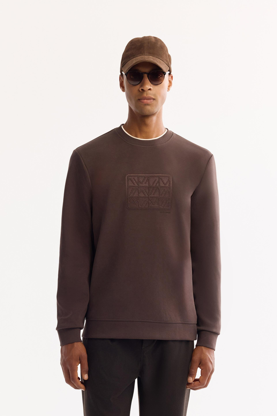 Kahve Bisiklet Yaka Aplike Baskı   İnterlok Sweatshirt