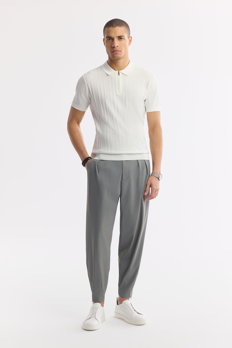 Koyu Gri Klasik Bel Teknik Kumaş Baggy Fit Paçası Fermuarlı Pantolon