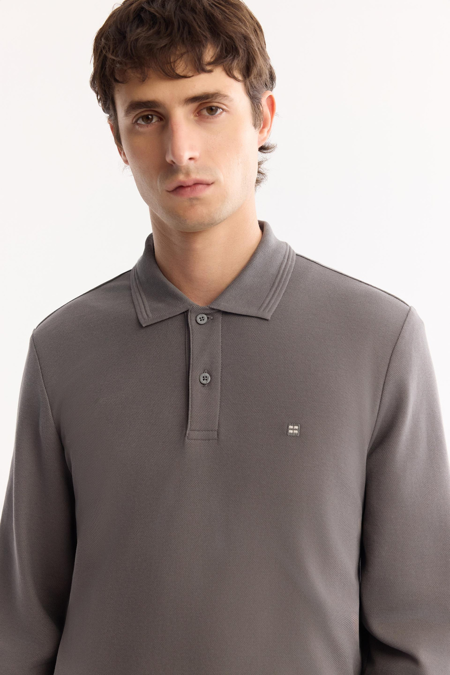 Koyu Gri Polo Yaka Düz Uzun Kol T-shirt