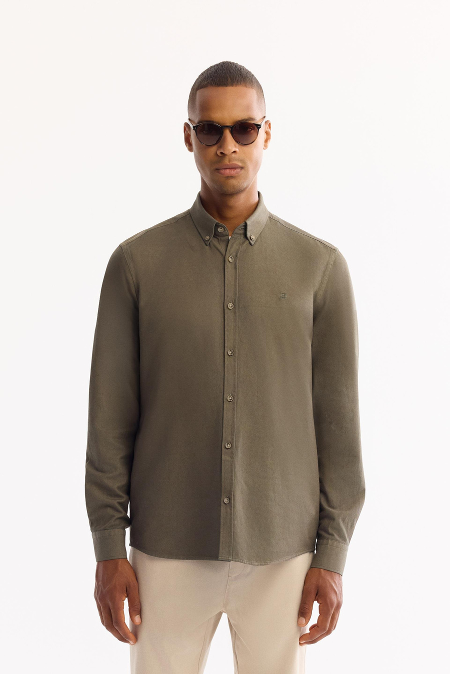 Koyu Haki Düğmeli Yaka Diagonel Regular Fit Gömlek